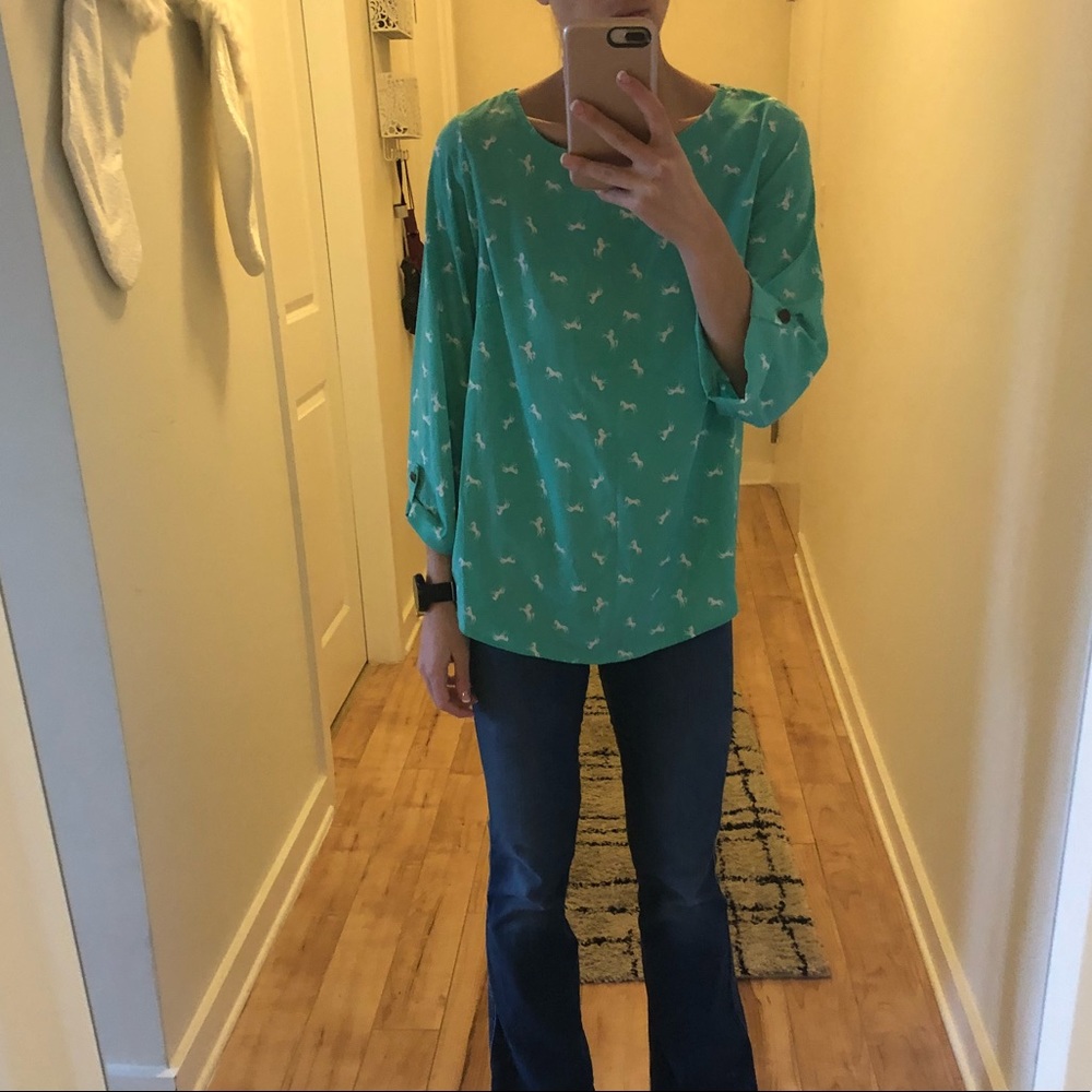 Flattering sea foam green blouse with white horses